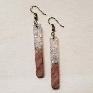 Silver foil Bohemian Resin & Wood Bar Earrings Boho Dangle Drop Bride Wedding